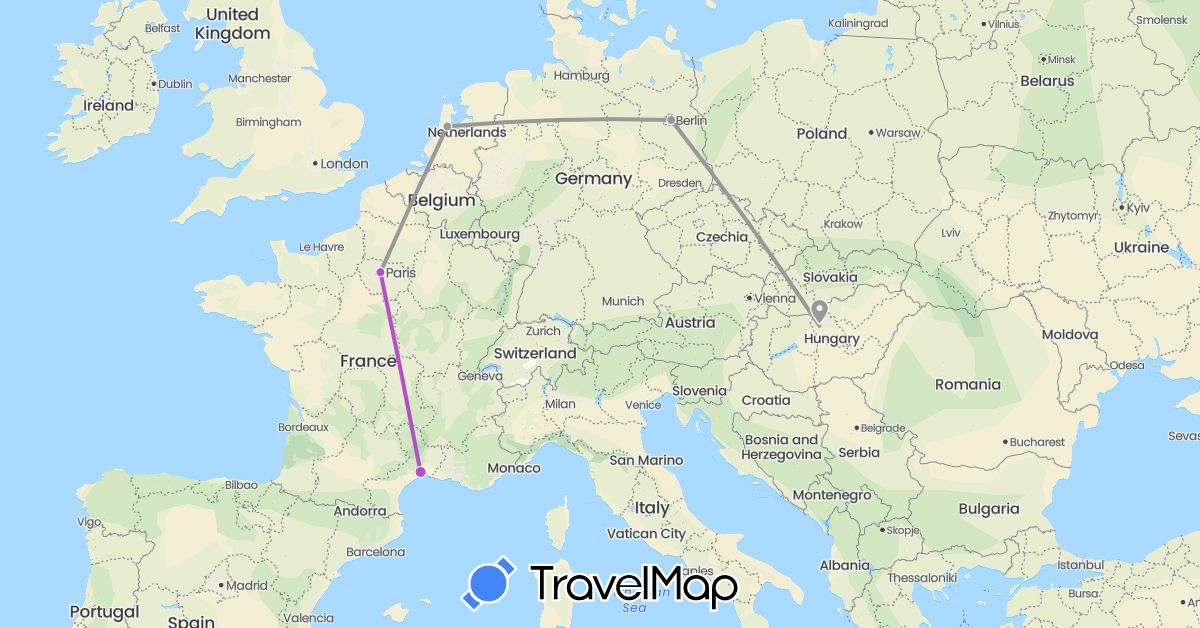 TravelMap itinerary: plane, train in Germany, France, Hungary, Netherlands (Europe)